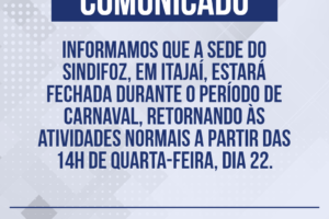 Comunicado: sede fechada no período de carnaval