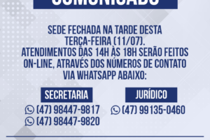 Comunicado – Sede fechada na tarde desta terça-feira