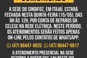 Comunicado: sede fechada na manhã desta quinta-feira